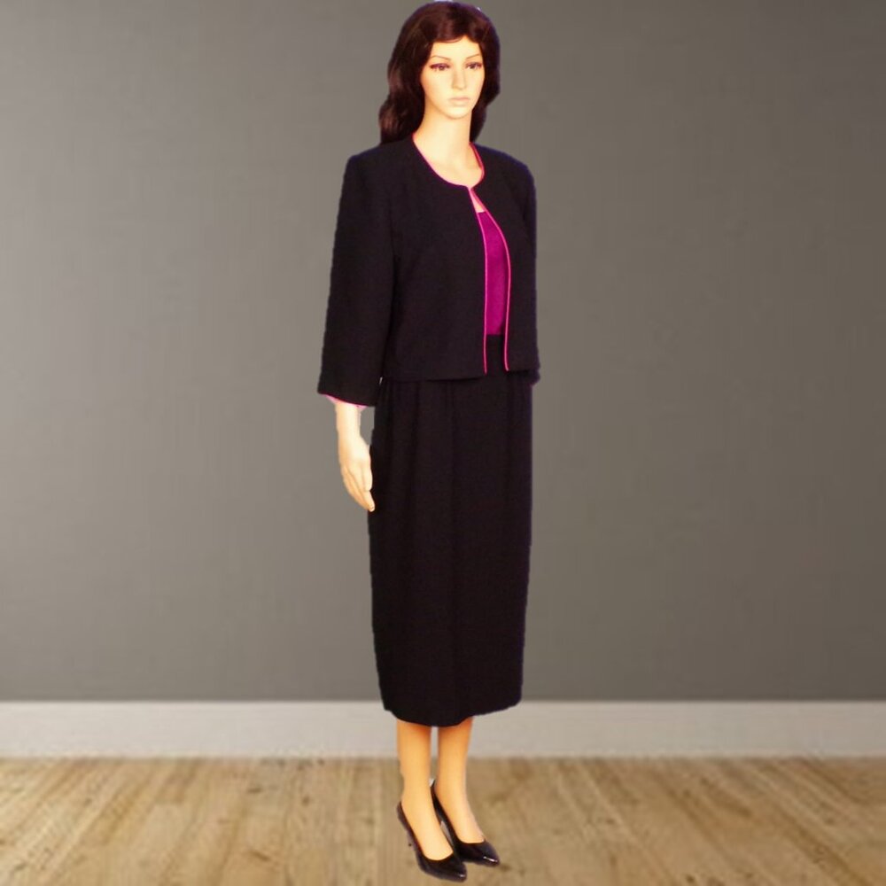 POSITIVE ATTITUDE/ANN GERLIN size 14 black/fuchsia 2-piece set jacket/skirt - Picture 2 of 11